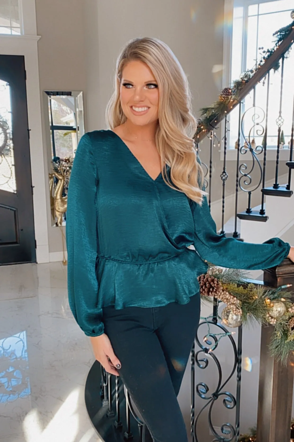 Downright Darling Satin Blouse : Hunter Green