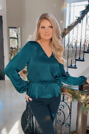 Downright Darling Satin Blouse : Hunter Green