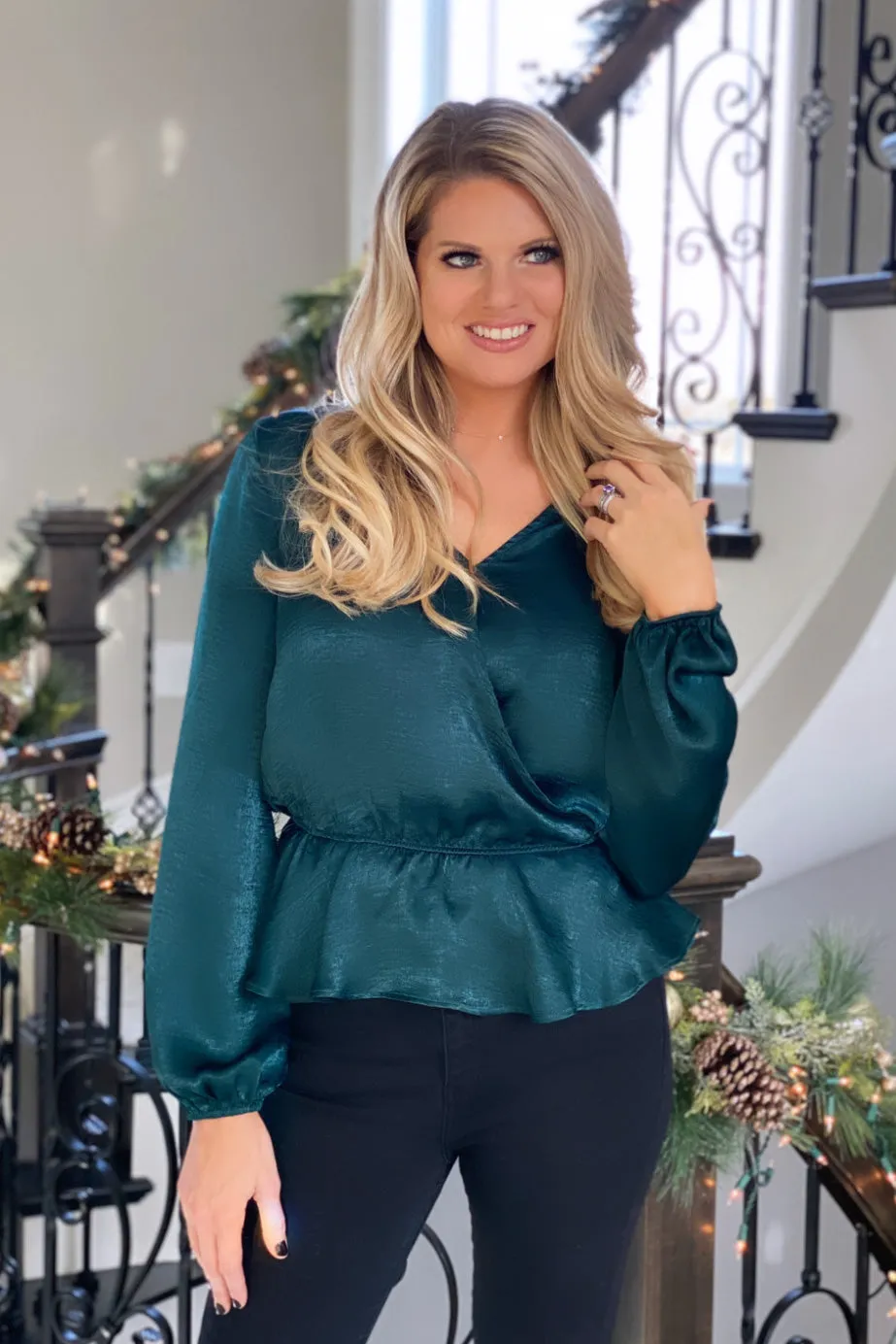 Downright Darling Satin Blouse : Hunter Green