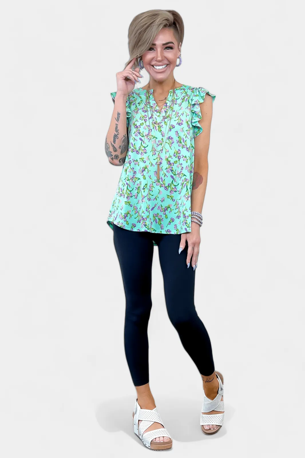 Emerald Floral Lizzy Flutter Sleeve Top [NO RETURNS]