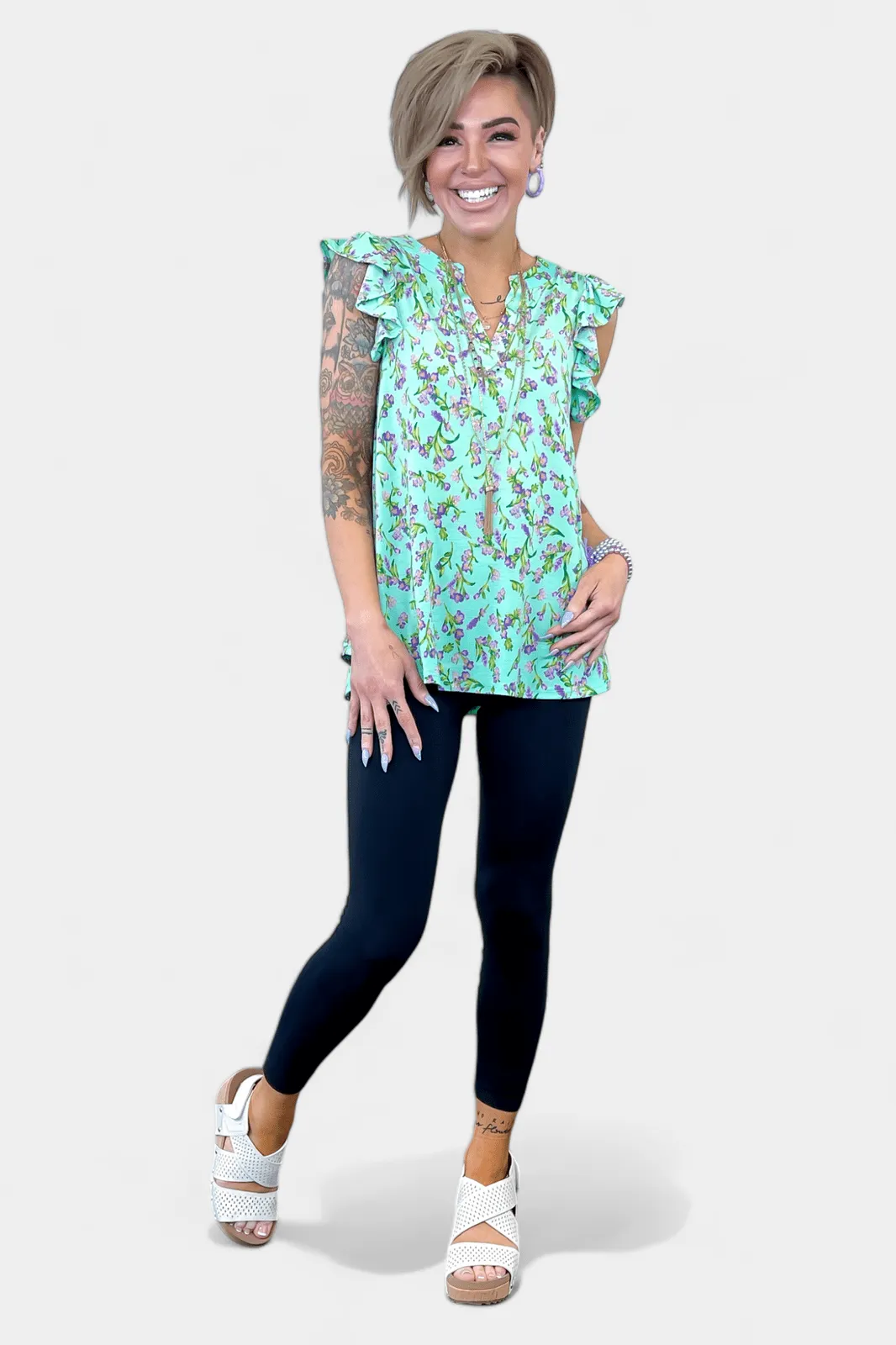 Emerald Floral Lizzy Flutter Sleeve Top [NO RETURNS]