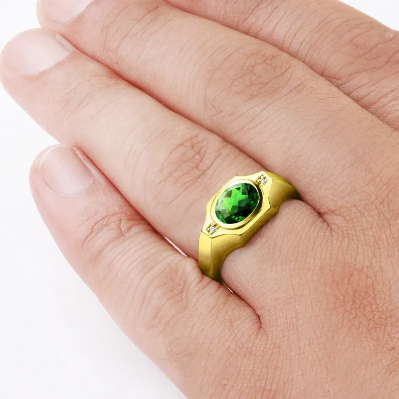 Emerald Ring Gold 10k with 2 Diamonds Men's Gemstone Ring