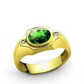 Emerald Ring Gold 10k with 2 Diamonds Men's Gemstone Ring