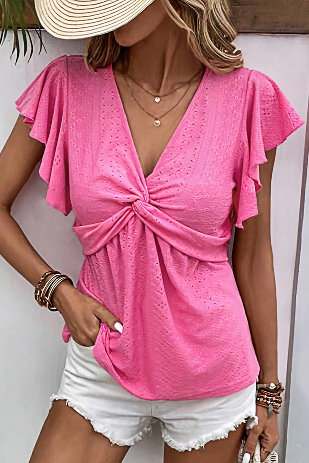 Eyelet Twisted V-Neck Flutter Sleeve Blouse