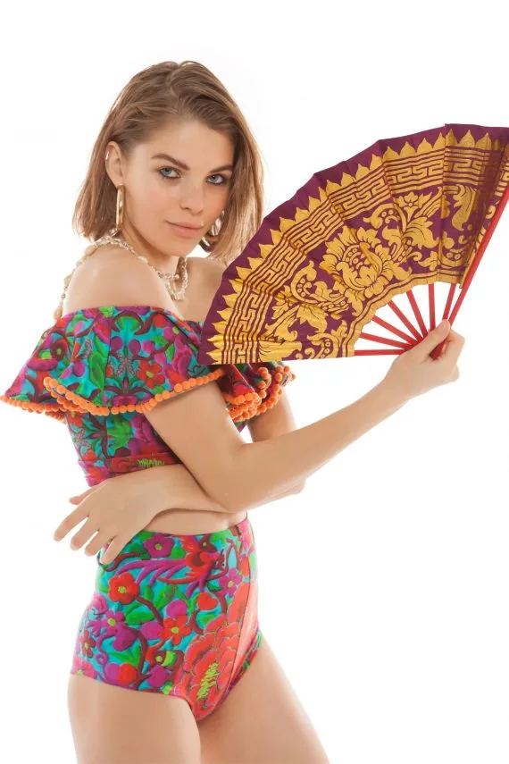 FOLKLORICO OFF SHOULDER POM POM FRILL CROP TOP