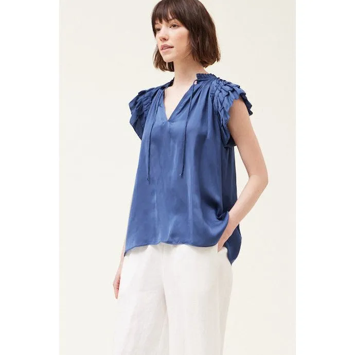 Giulia Grade and Gather Satin Blue Corn Ruffle Sleeve Blouse