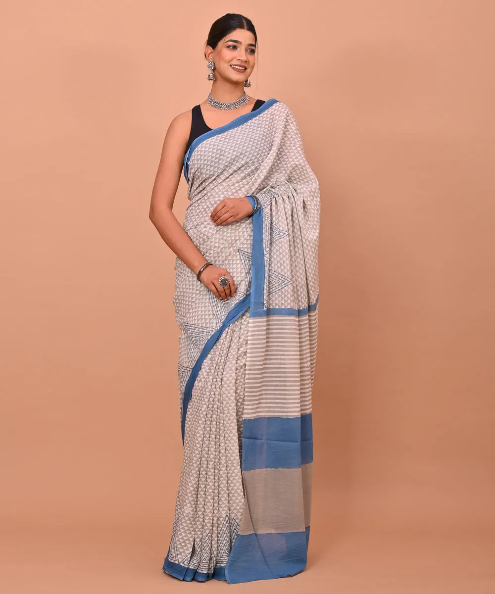 Grey indigo cotton hand printed bagru saree