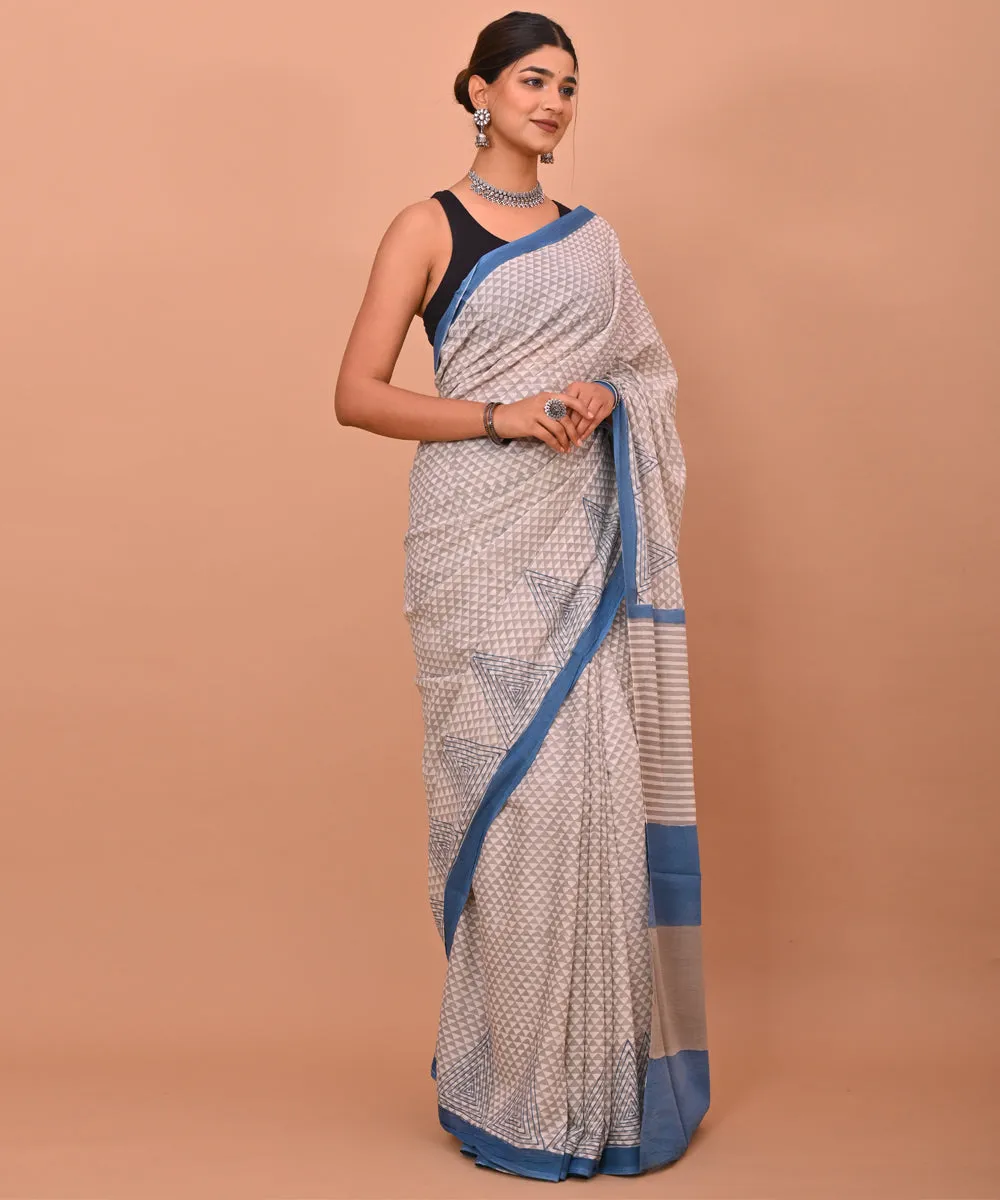 Grey indigo cotton hand printed bagru saree