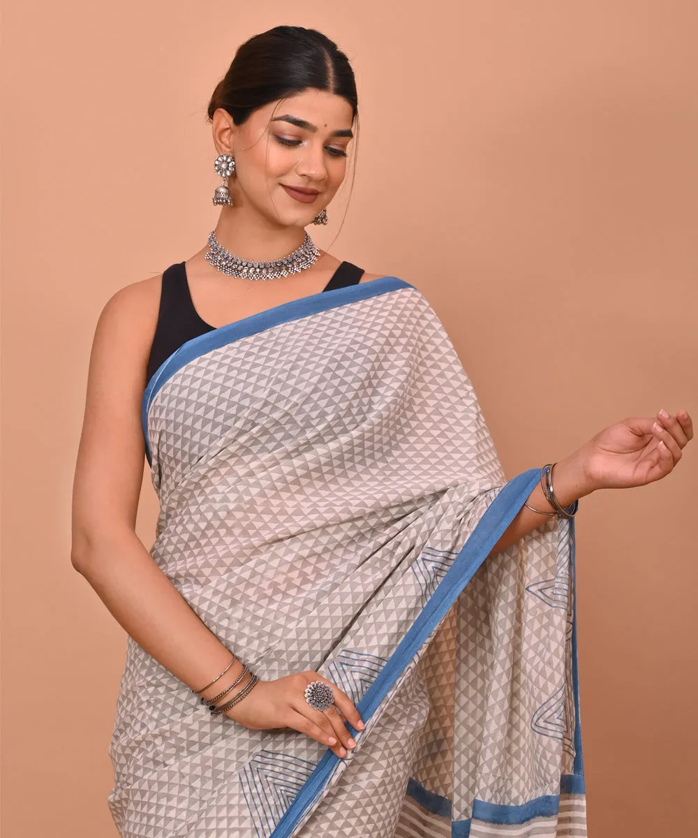 Grey indigo cotton hand printed bagru saree