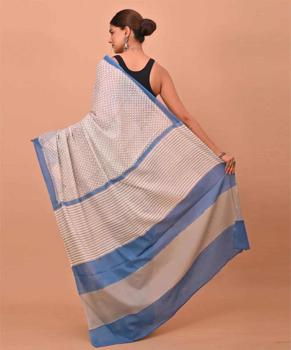 Grey indigo cotton hand printed bagru saree