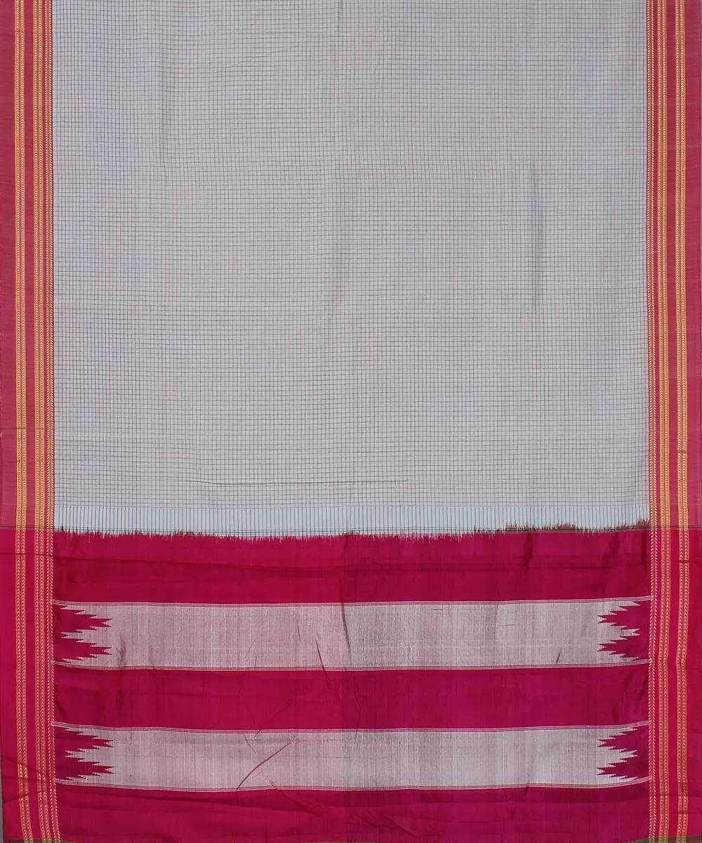 Grey small check pink gomi border handwoven ilkal cotton silk saree