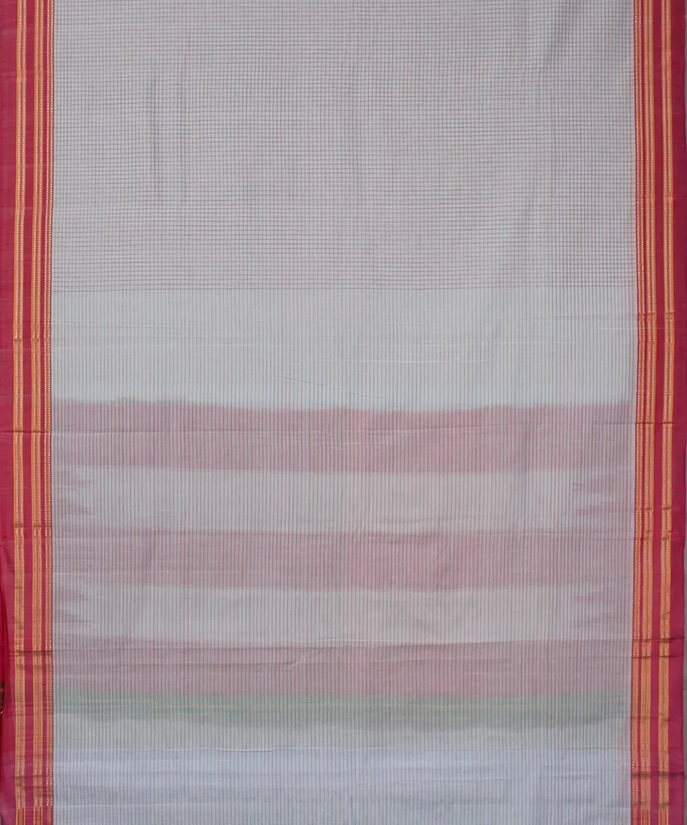 Grey small check pink gomi border handwoven ilkal cotton silk saree