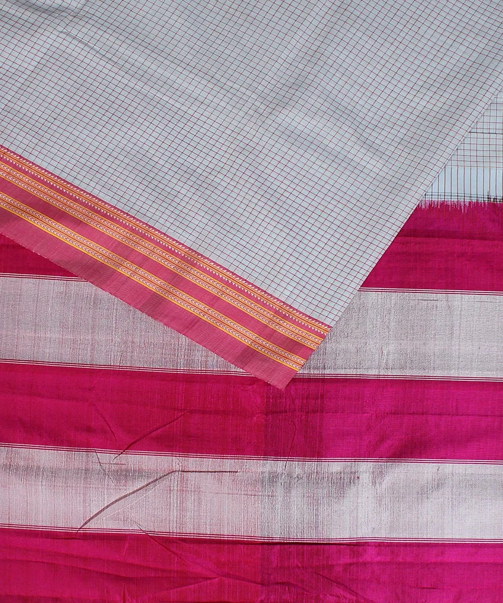 Grey small check pink gomi border handwoven ilkal cotton silk saree