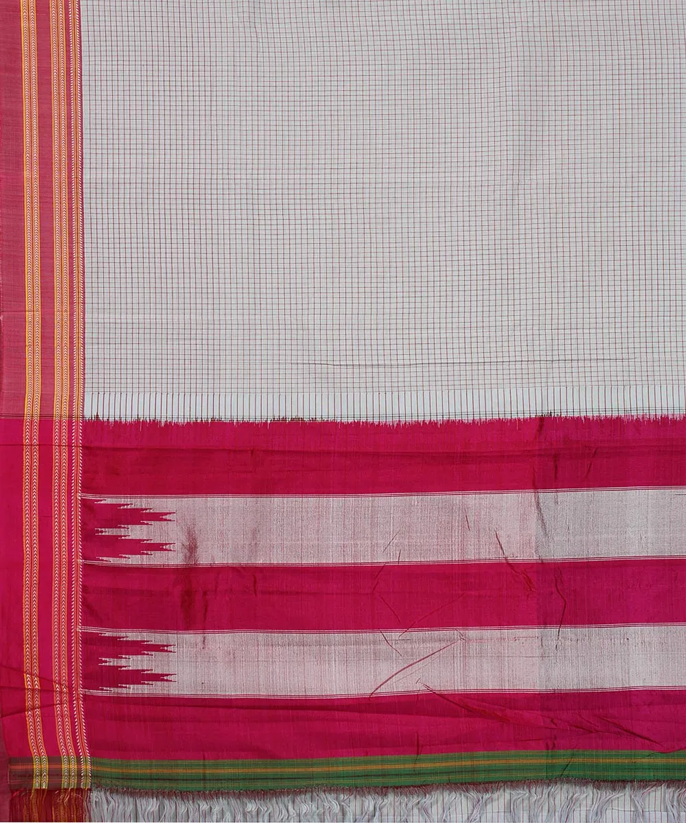 Grey small check pink gomi border handwoven ilkal cotton silk saree