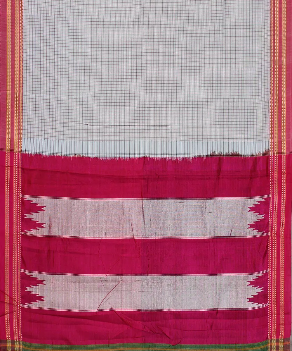 Grey small check pink gomi border handwoven ilkal cotton silk saree