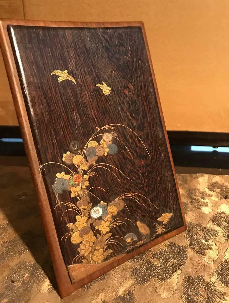 Japanese Edo Period Lacquer Panel with Gold, Mother of Pearl and Coral Inlay