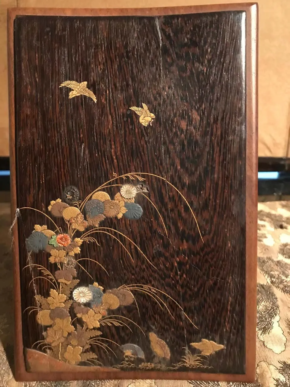 Japanese Edo Period Lacquer Panel with Gold, Mother of Pearl and Coral Inlay