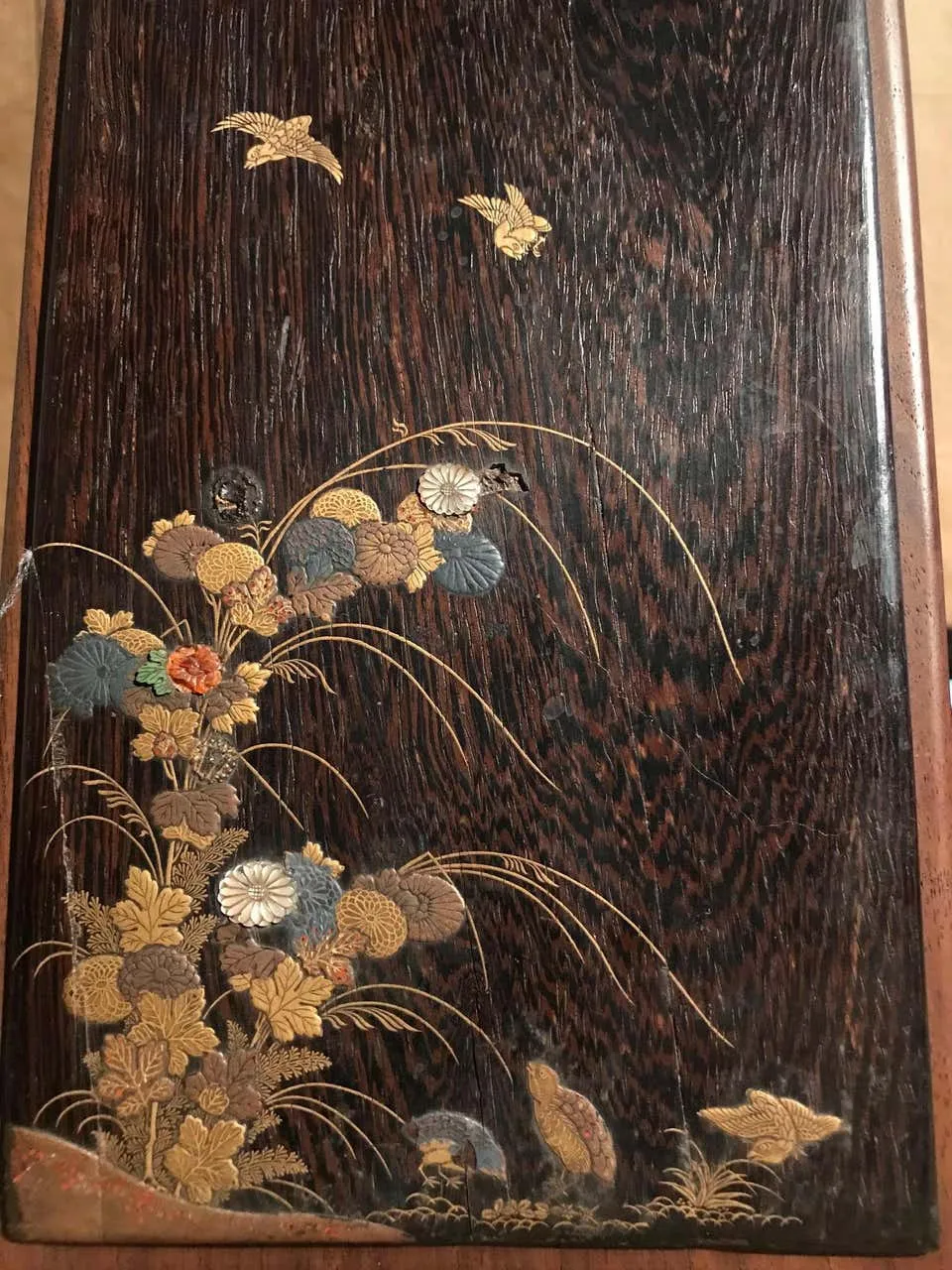 Japanese Edo Period Lacquer Panel with Gold, Mother of Pearl and Coral Inlay