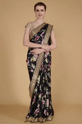 Jet Black Printed Saree