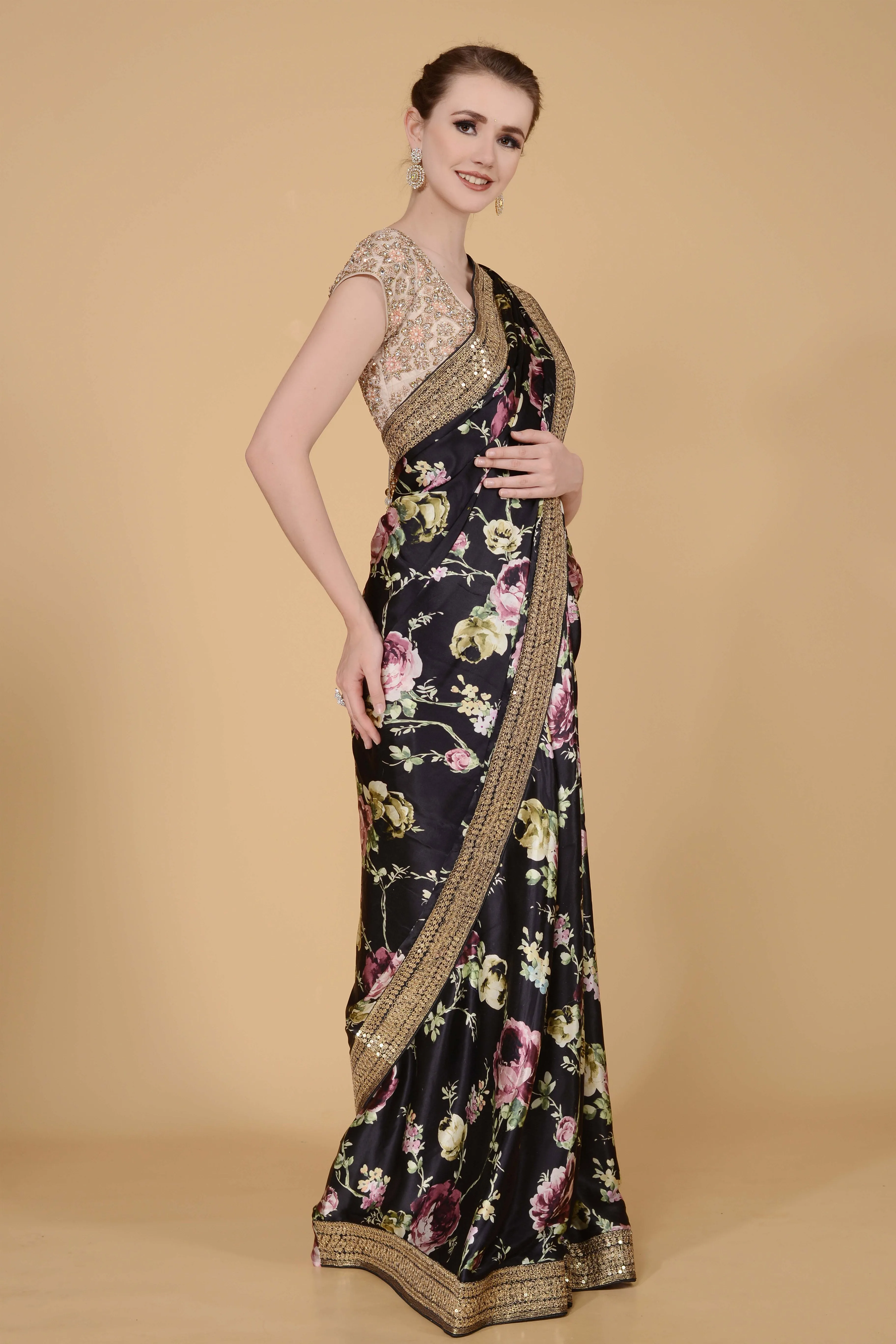 Jet Black Printed Saree