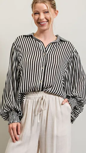 Joelle Bubble Sleeve Striped Blouse in Black