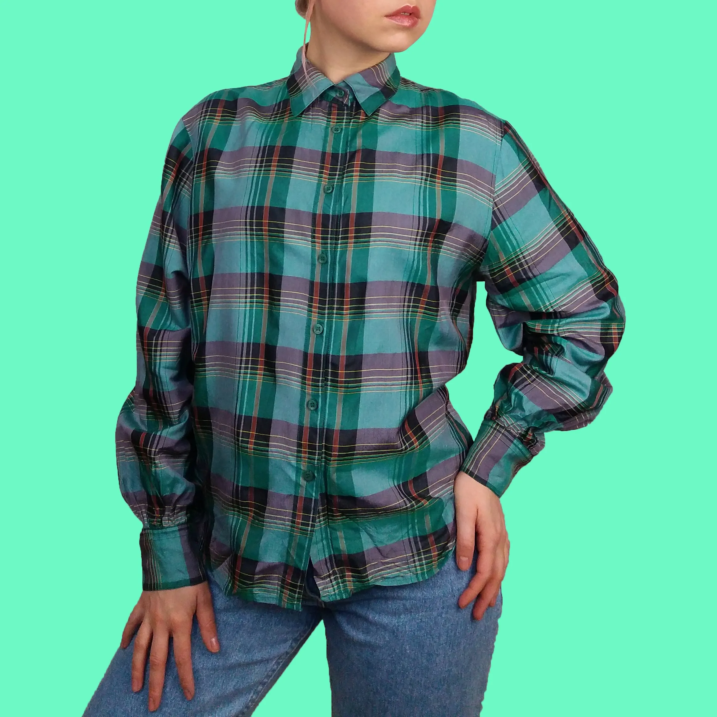 KURT KELLERMANN Plaid Pattern Silk Blouse