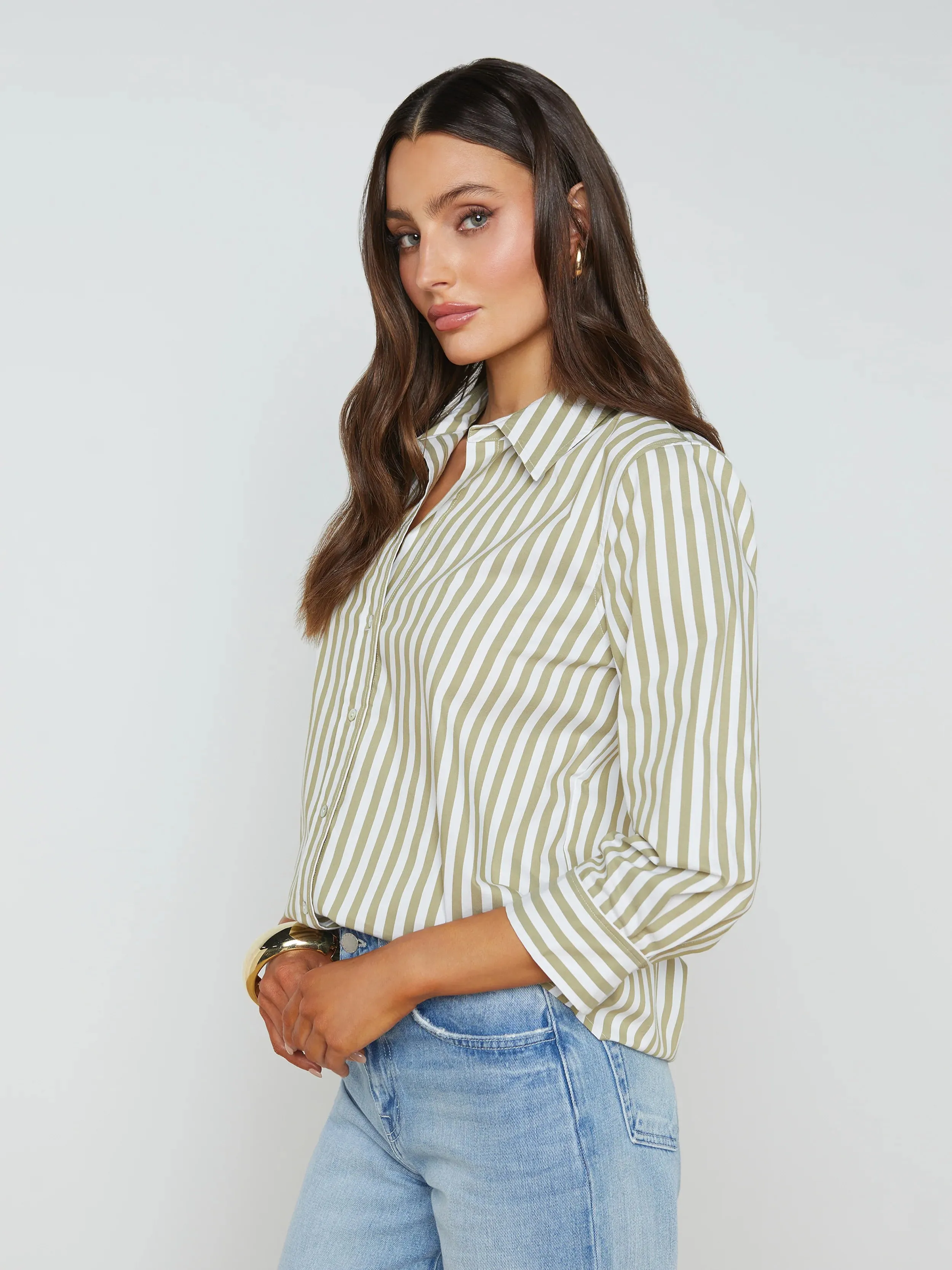 L’agence - Daniella Cotton Blend Blouse - Dried Herb/White Stripe