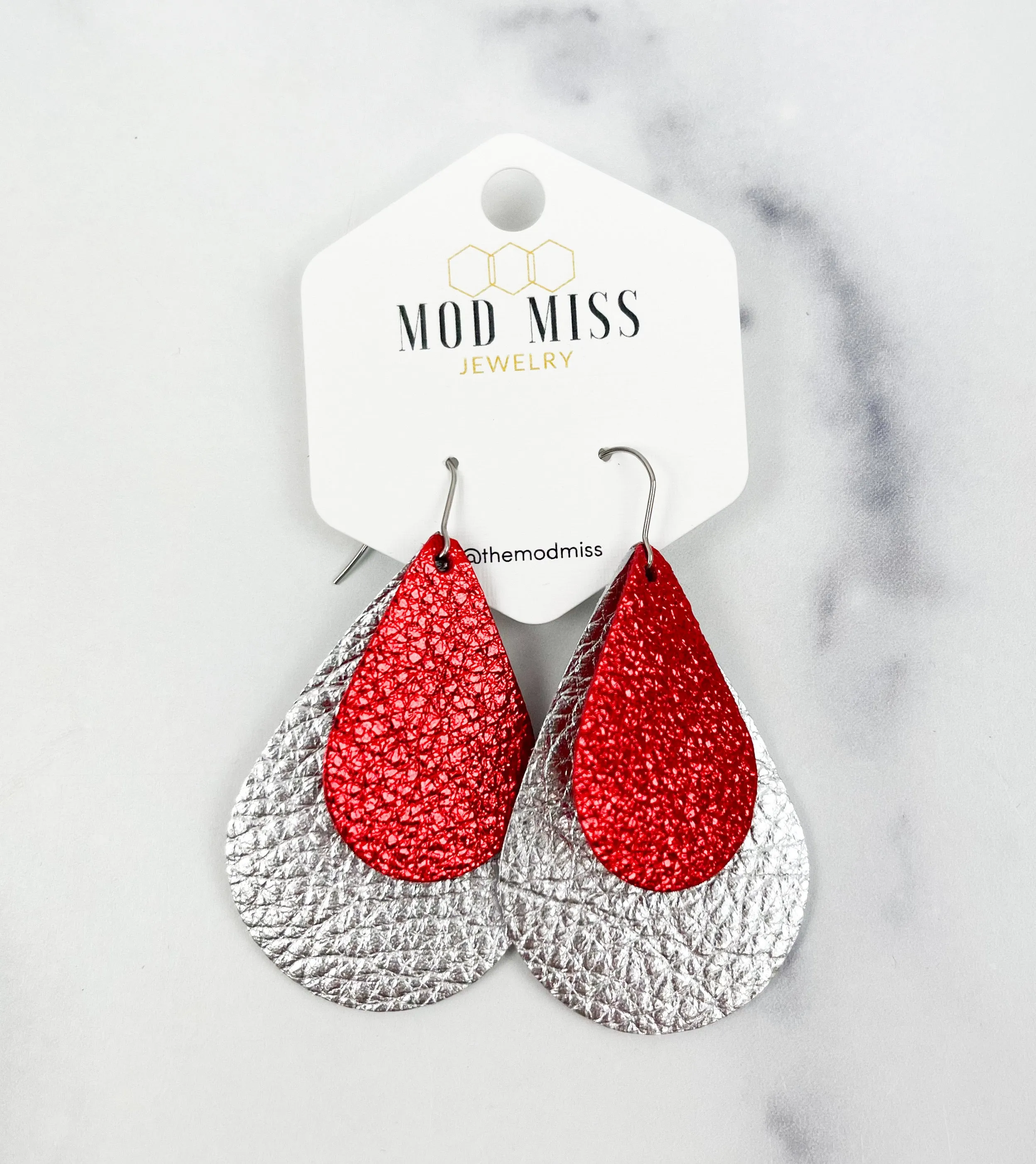 Leather Stacked Teardrop Earring Metallic Red   Metallic Silver