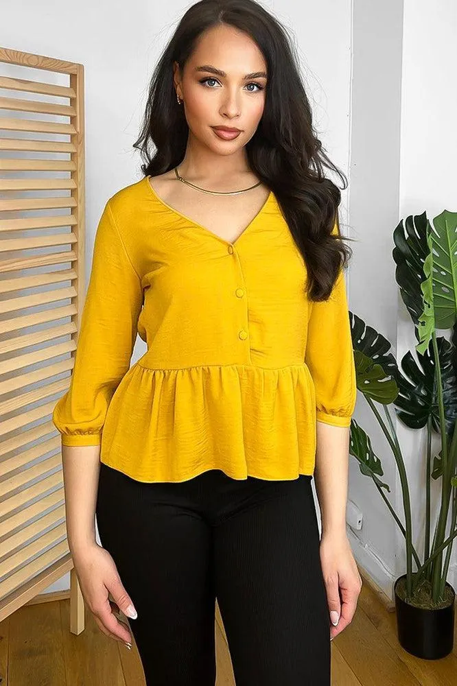 Mustard Peplum Waist Button Neckline Blouse