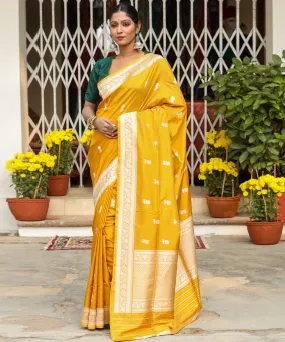 Mustard yellow silk handwoven banarasi saree