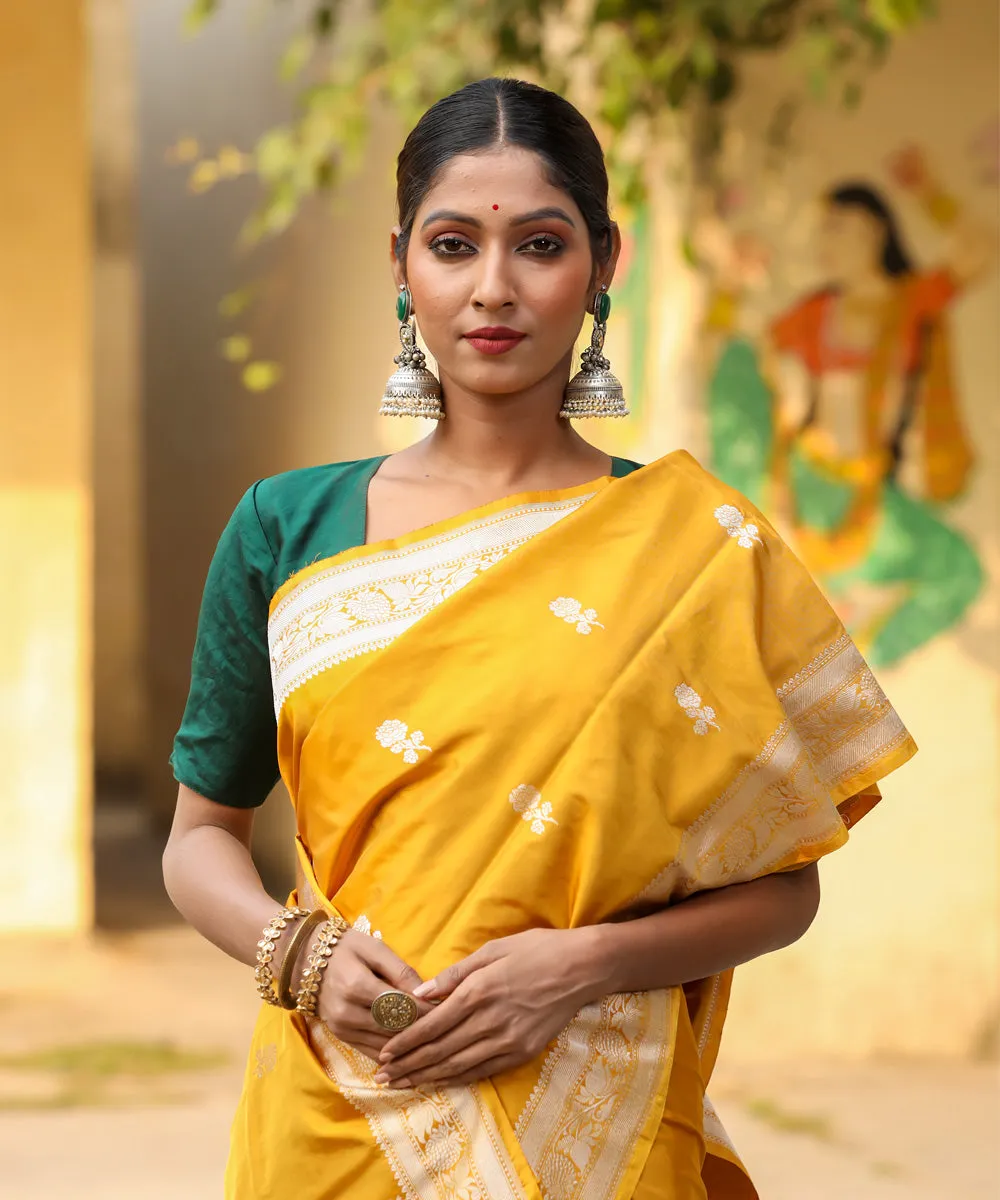 Mustard yellow silk handwoven banarasi saree