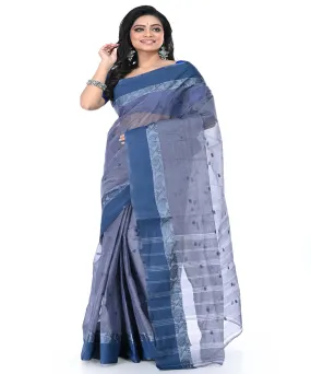 Navy blue handwoven cotton tangail saree