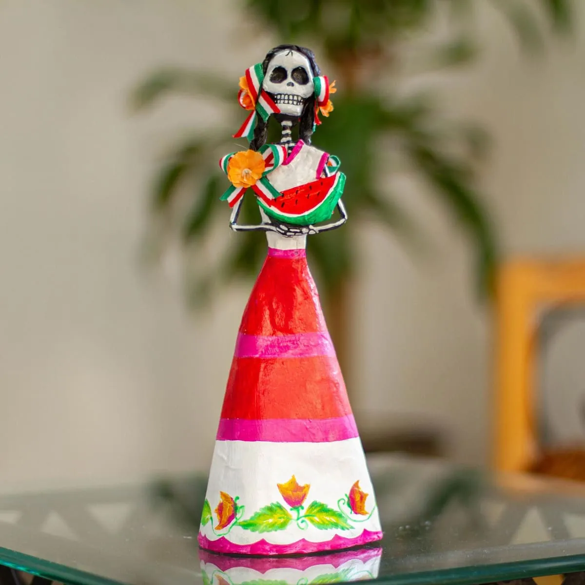 Novica Catrina With Watermelon Papier Mache Sculpture