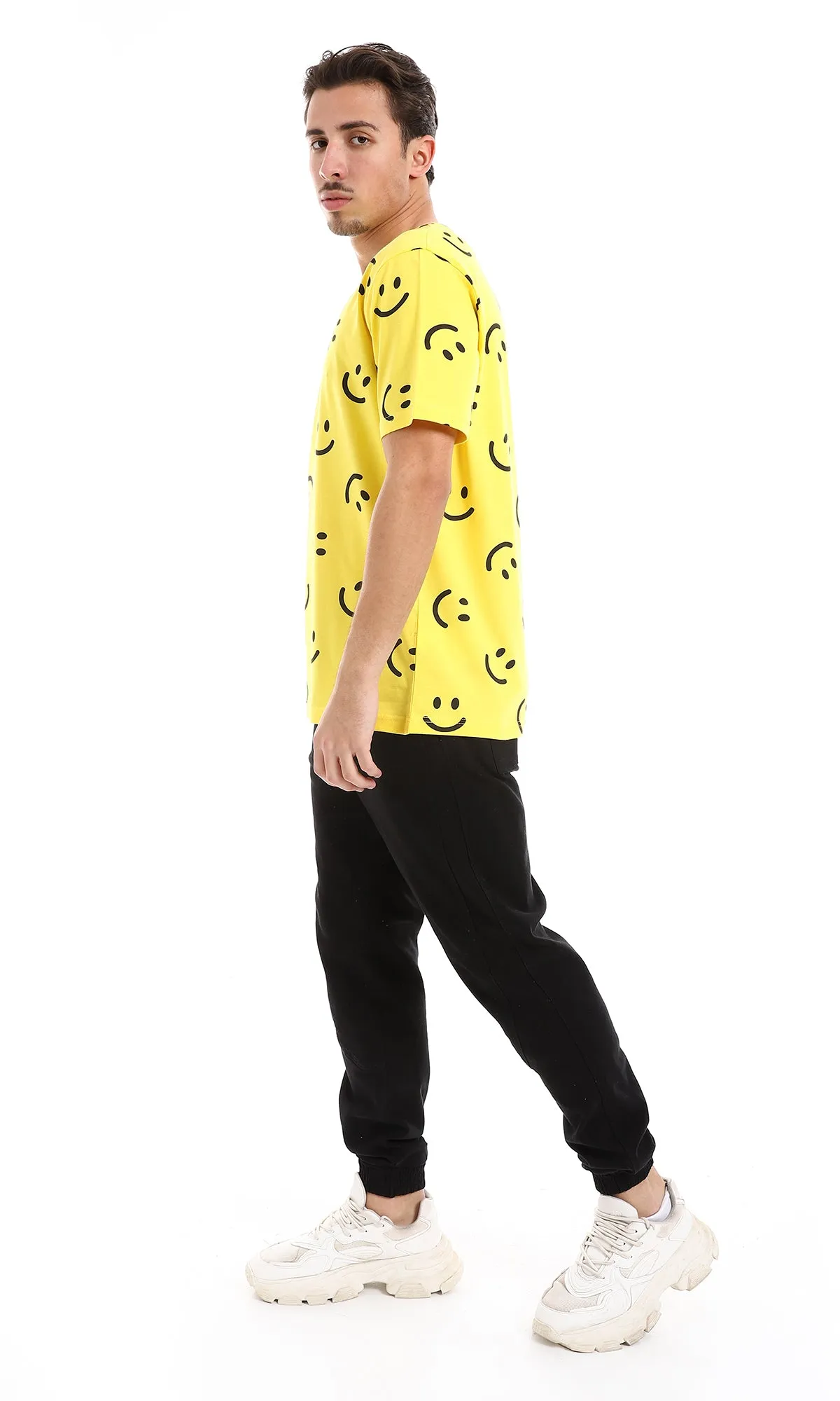 O164736 Smiles Patterned Slip On Cotton Tee - Yellow & Black