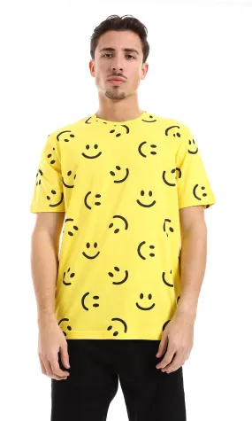 O164736 Smiles Patterned Slip On Cotton Tee - Yellow & Black