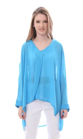 O165919 Wide V-Neck Solid Chiffon Turquoise Blouse