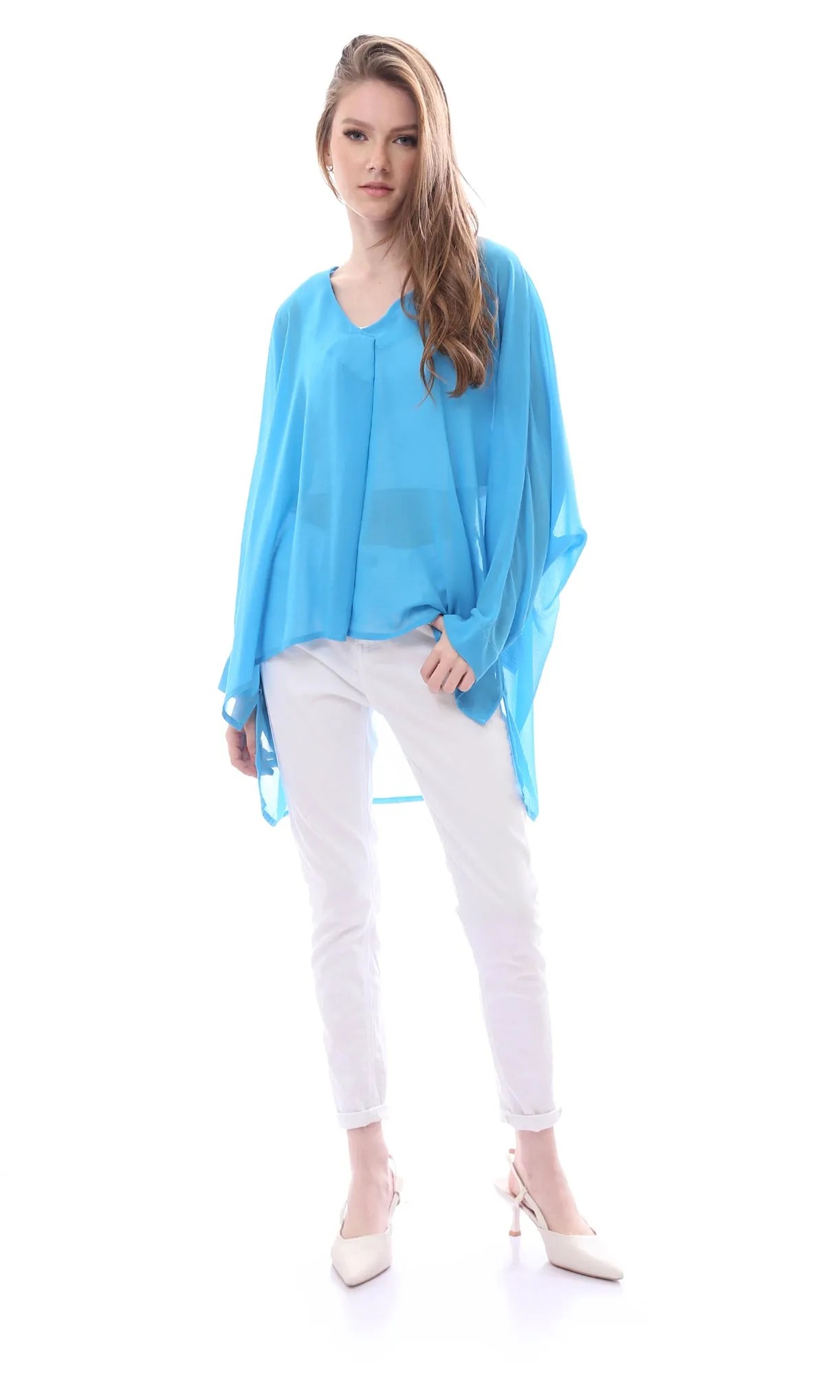 O165919 Wide V-Neck Solid Chiffon Turquoise Blouse