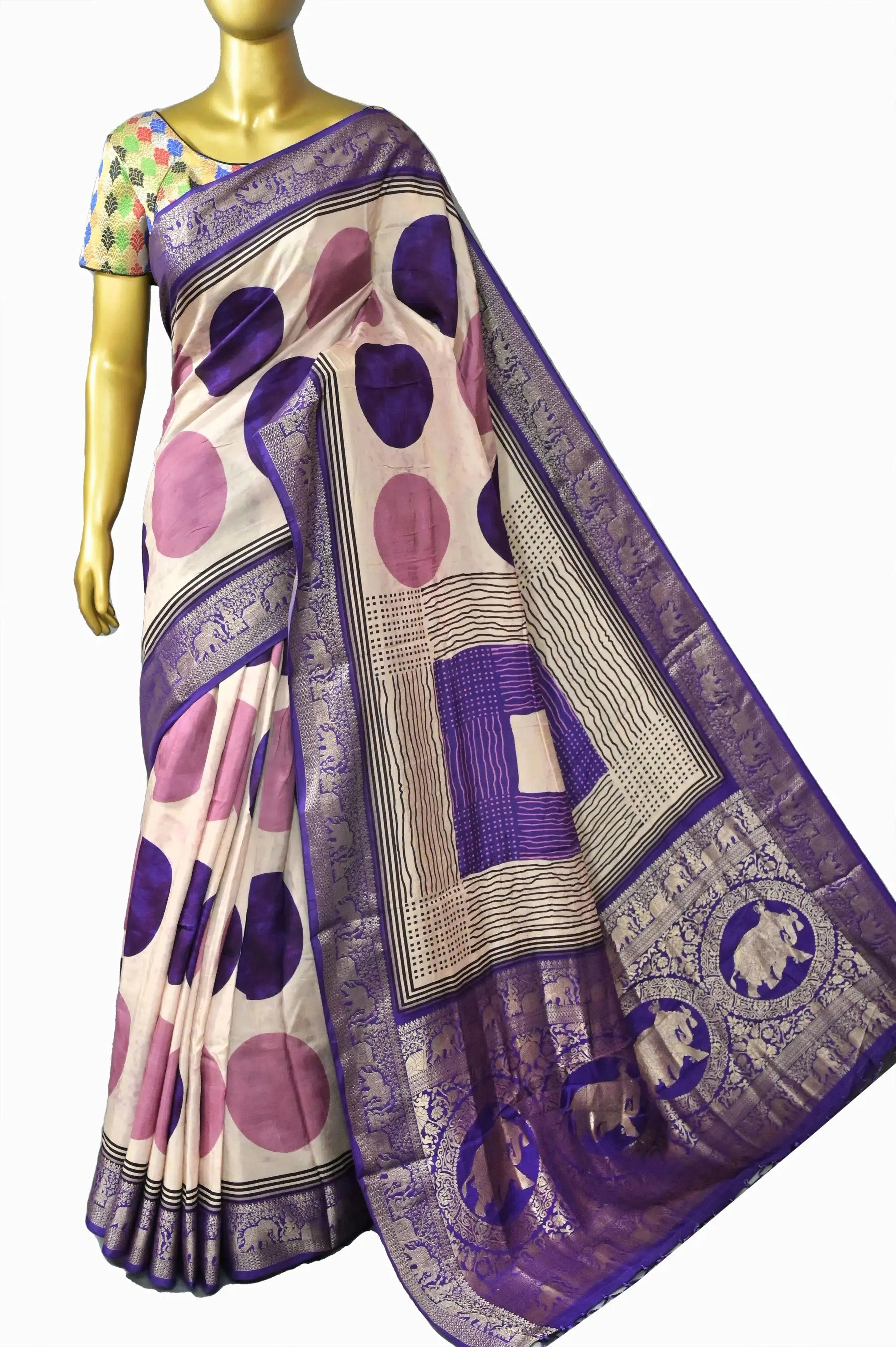 Offwhite and Multicolor Dola Silk Saree with Zari Weaving