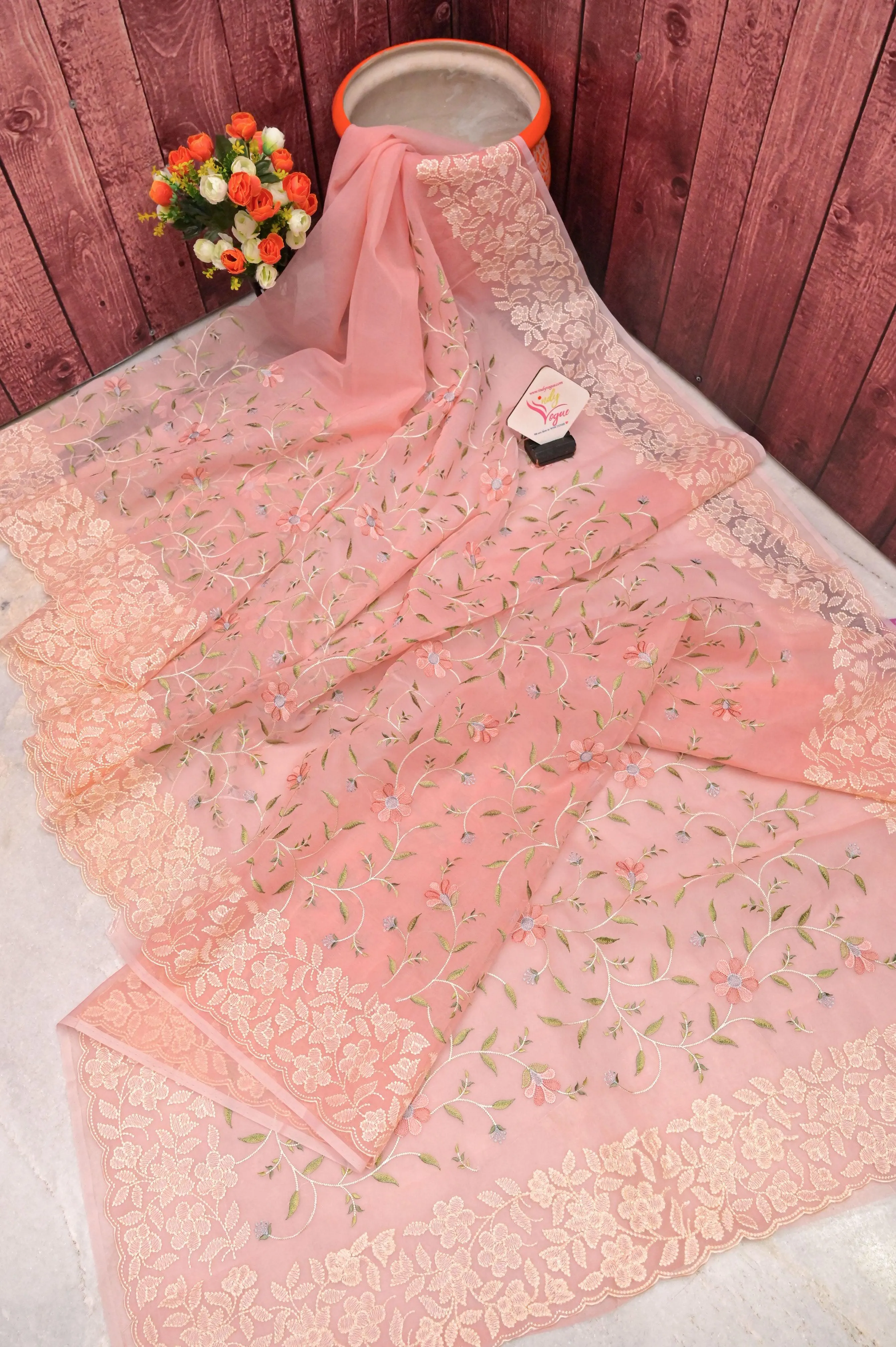 Peach Color Organza Saree with Machine Embroidery