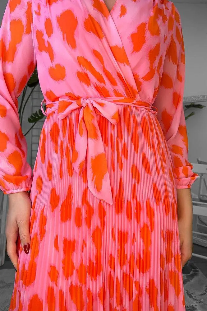 Pink Orange Print Pleated Chiffon Midi Dress