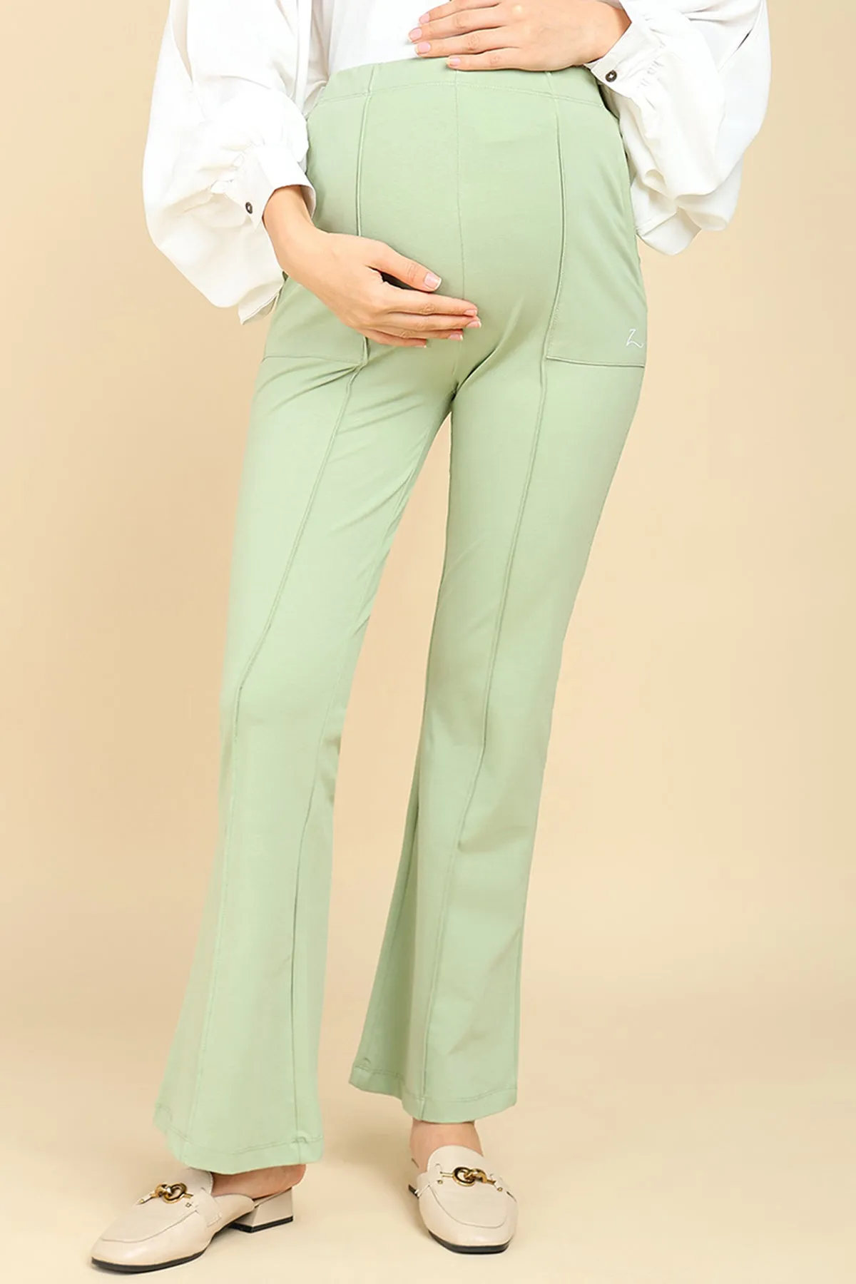 Pleated Cotton Pistachio Green Maternity Pants (Pregnancy & Postpartum)