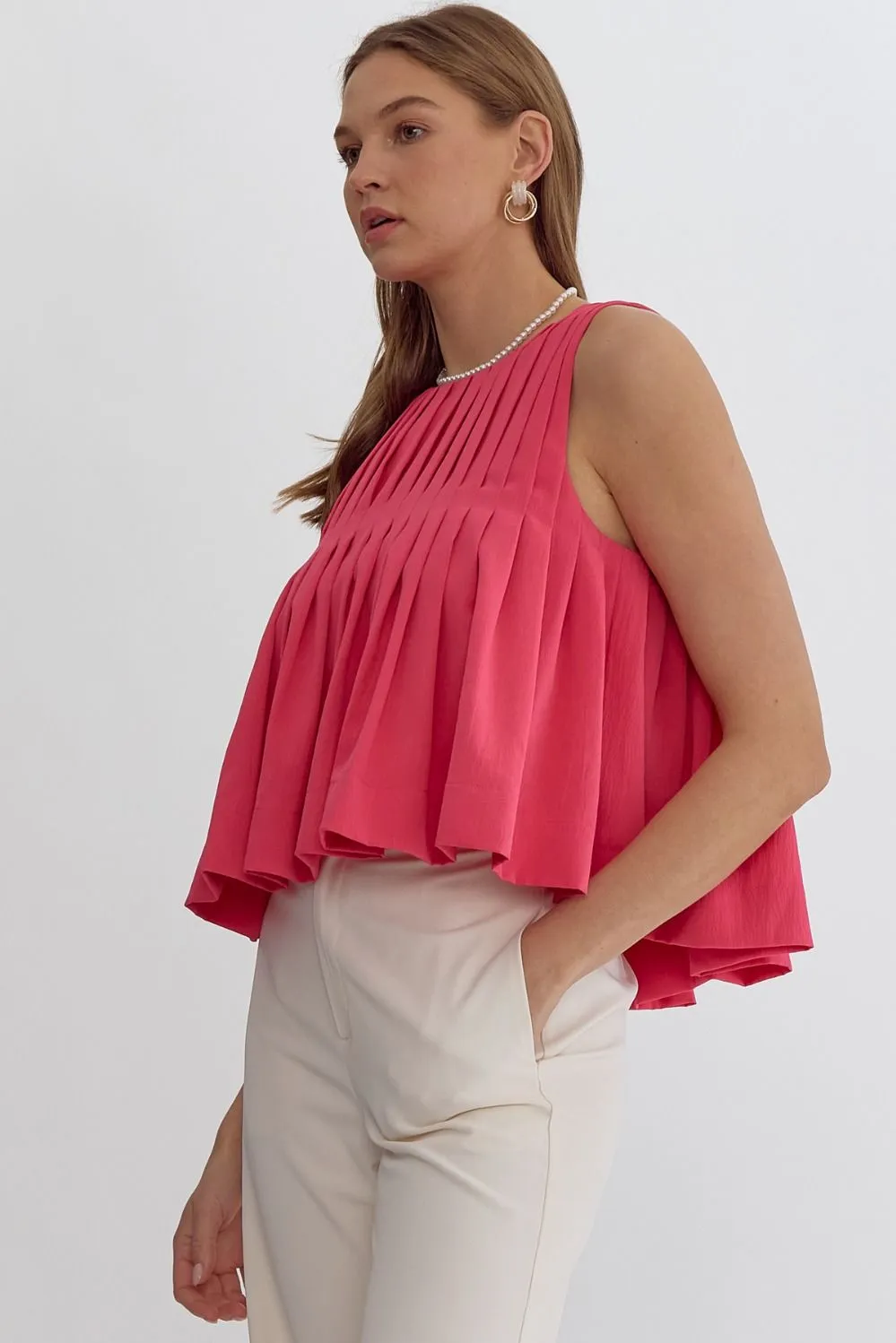 Pleated Sleeveless Cropped Ruffled Detail Top