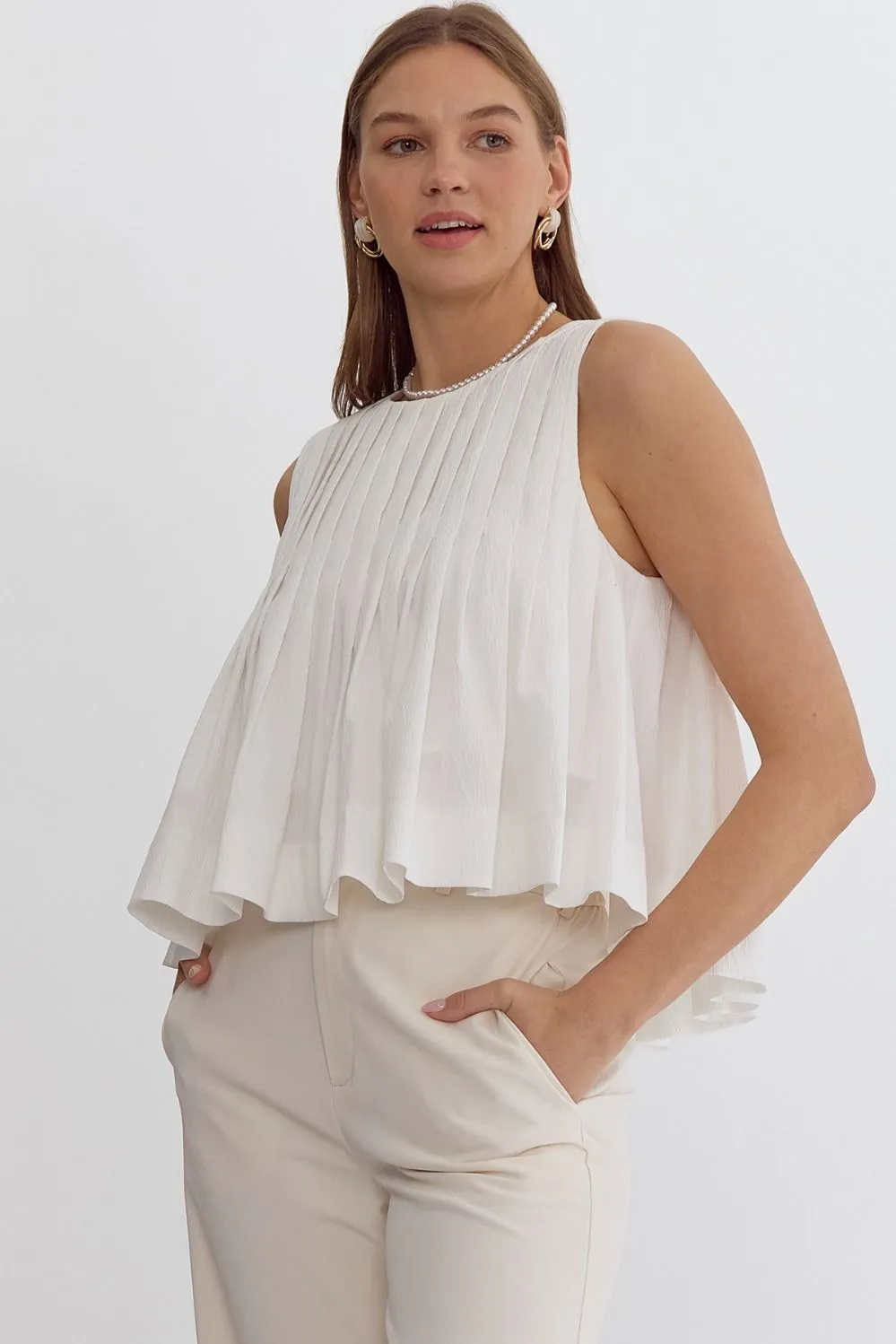 Pleated Sleeveless Cropped Ruffled Detail Top