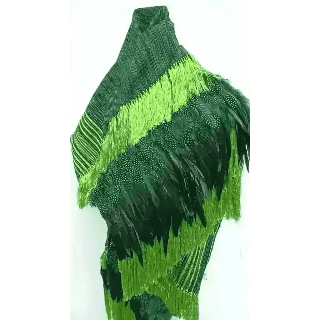 Purepecha rebozo with fringe and feathers