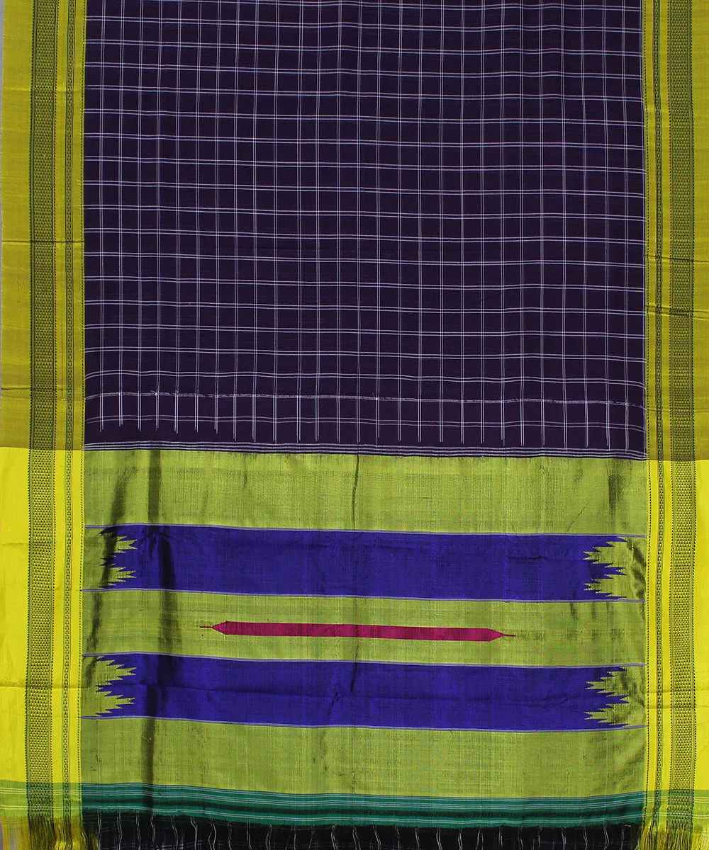 Purple check yellow chikki paras border ilkal cotton silk saree