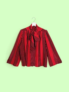 Pussy-bow Blouse Wide Sleeve Red Black Stripes - size S-M