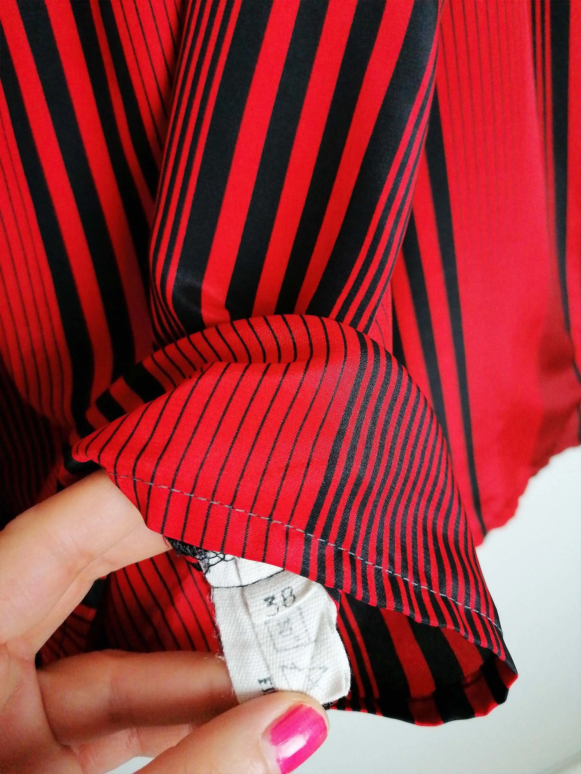 Pussy-bow Blouse Wide Sleeve Red Black Stripes - size S-M