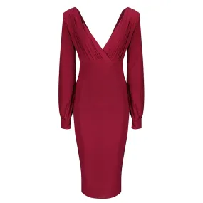 Red V Neck Long Sleeve Slinky Bodycon Midi Dress