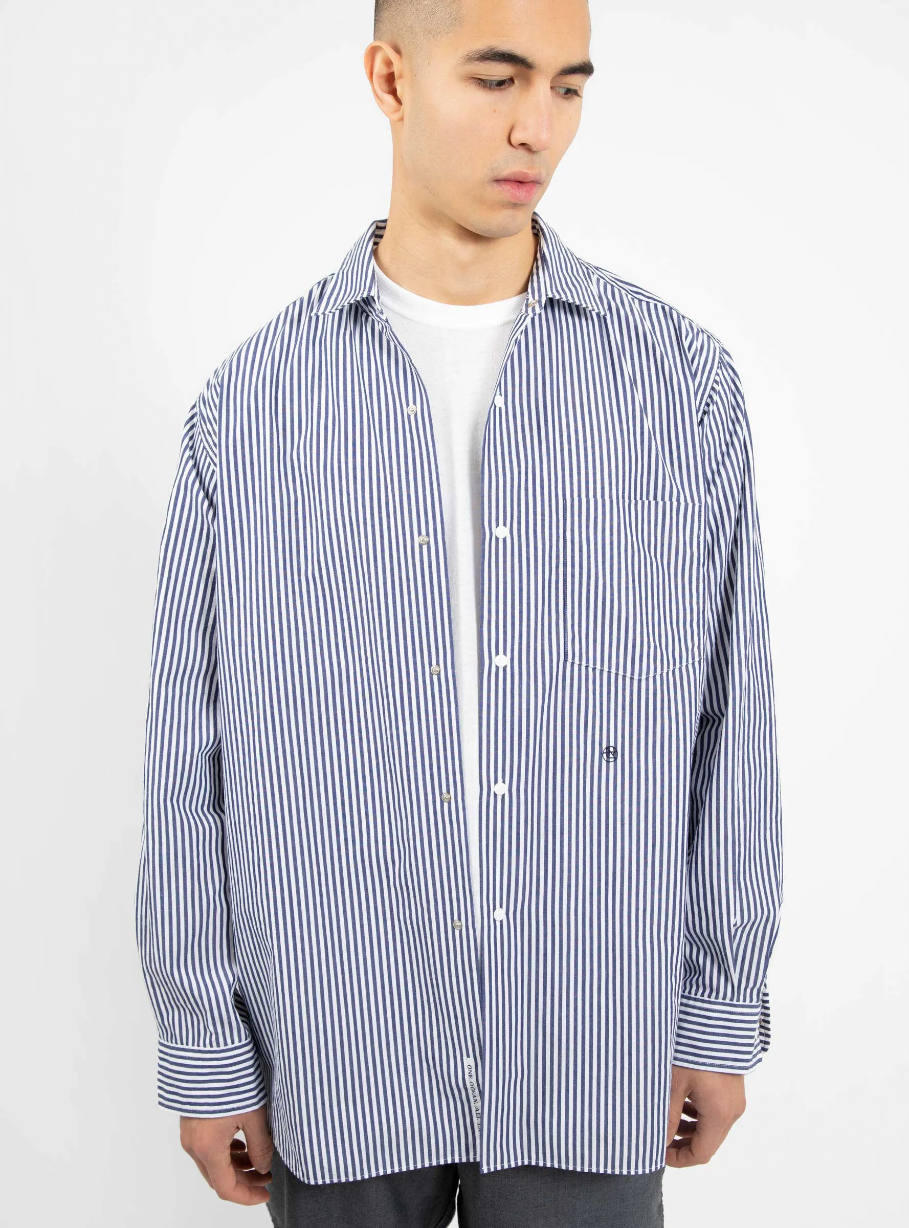 Regular Collar Stripe Wind Shirt Navy