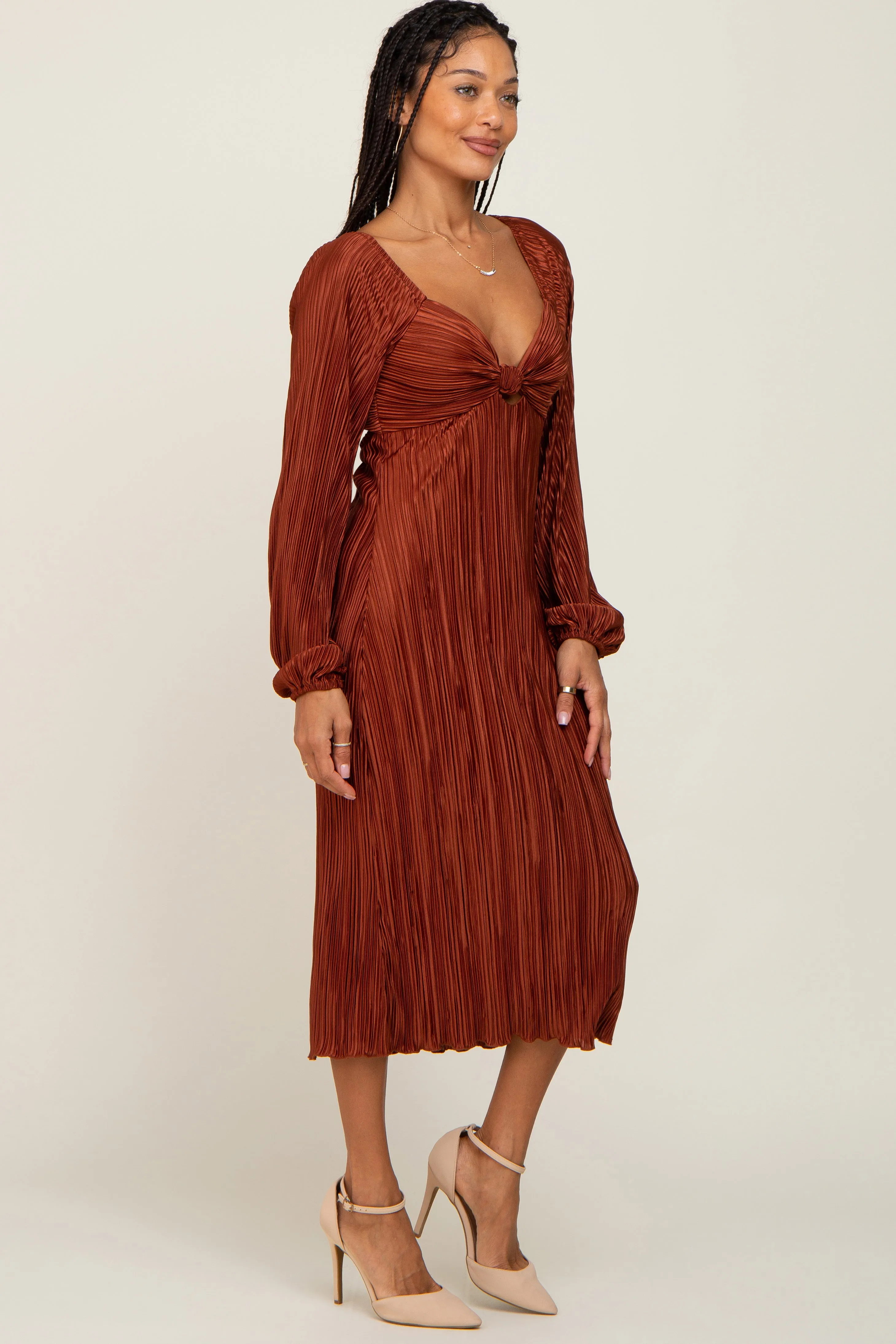 Rust Pleated Front Cutout Back Tie Midi Dress